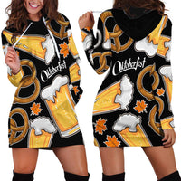 Oktoberfest Hoodie Dress with Beer Mug and Pretzel Illustration Black Festive - Wonder Print Shop