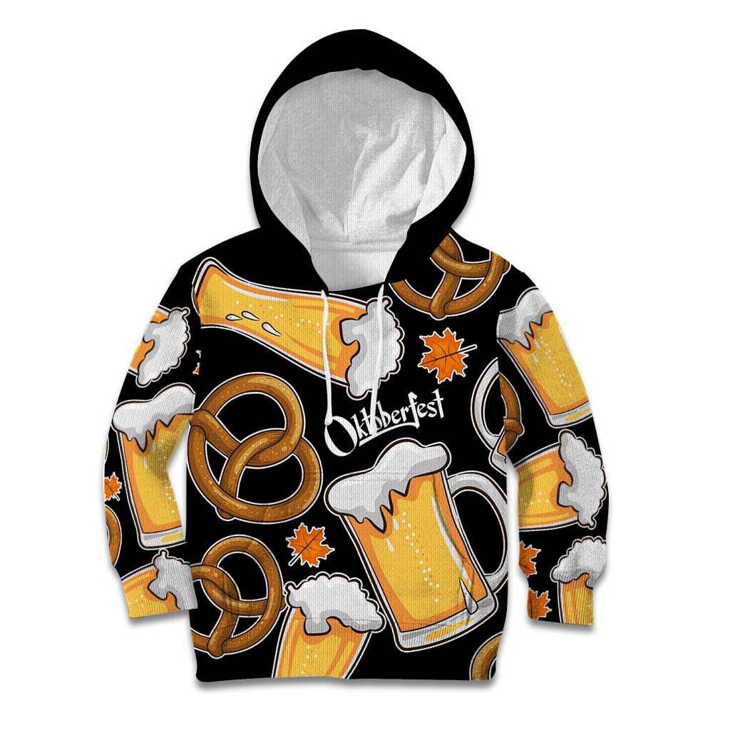 Oktoberfest Kid Hoodie with Beer Mug and Pretzel Illustration Black Festive - Wonder Print Shop