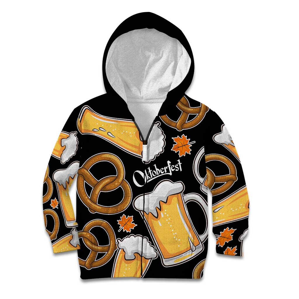 Oktoberfest Kid Hoodie with Beer Mug and Pretzel Illustration Black Festive - Wonder Print Shop