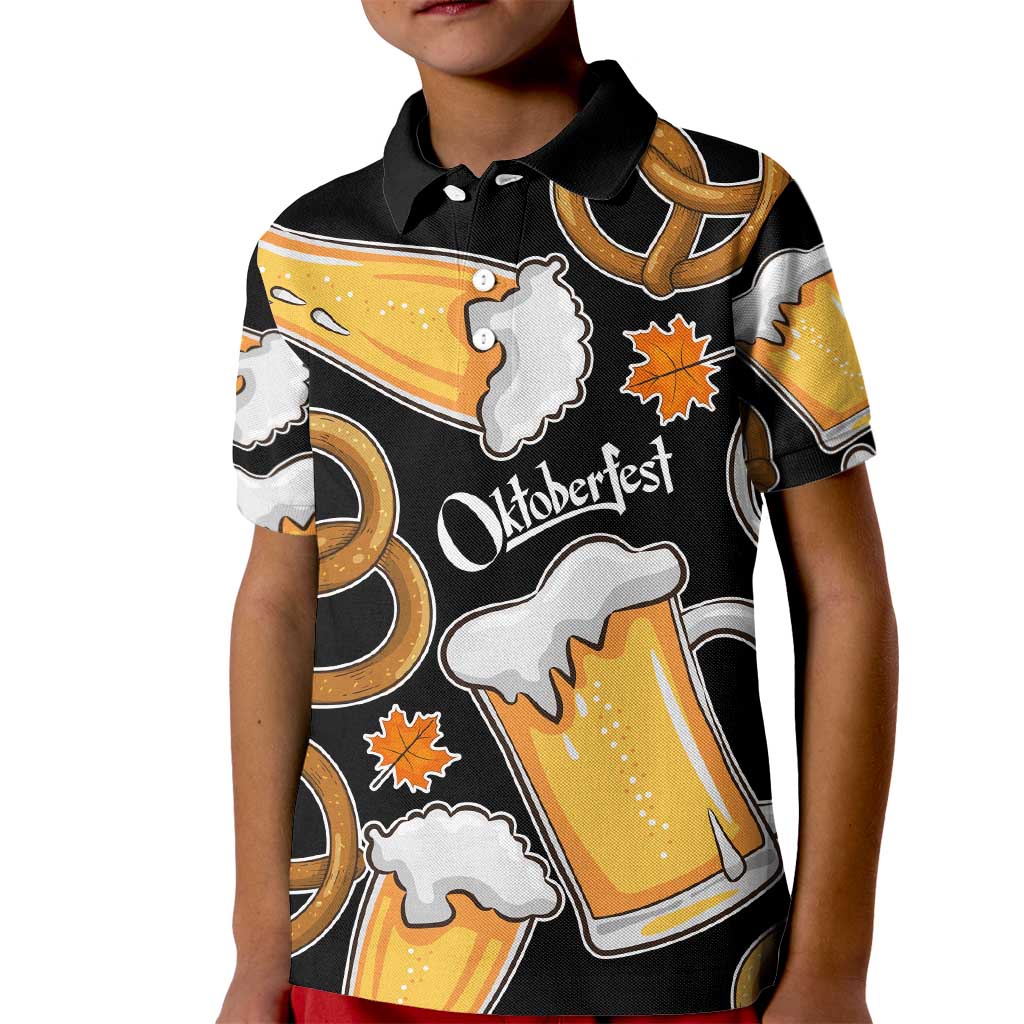 Oktoberfest Kid Polo Shirt with Beer Mug and Pretzel Illustration Black Festive - Wonder Print Shop