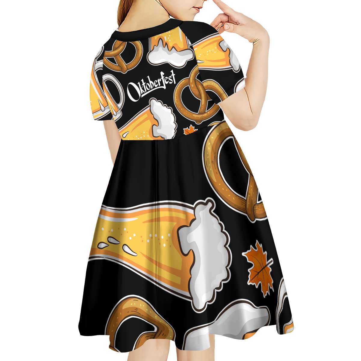 Oktoberfest Kid Short Sleeve Dress with Beer Mug and Pretzel Illustration Black Festive - Wonder Print Shop