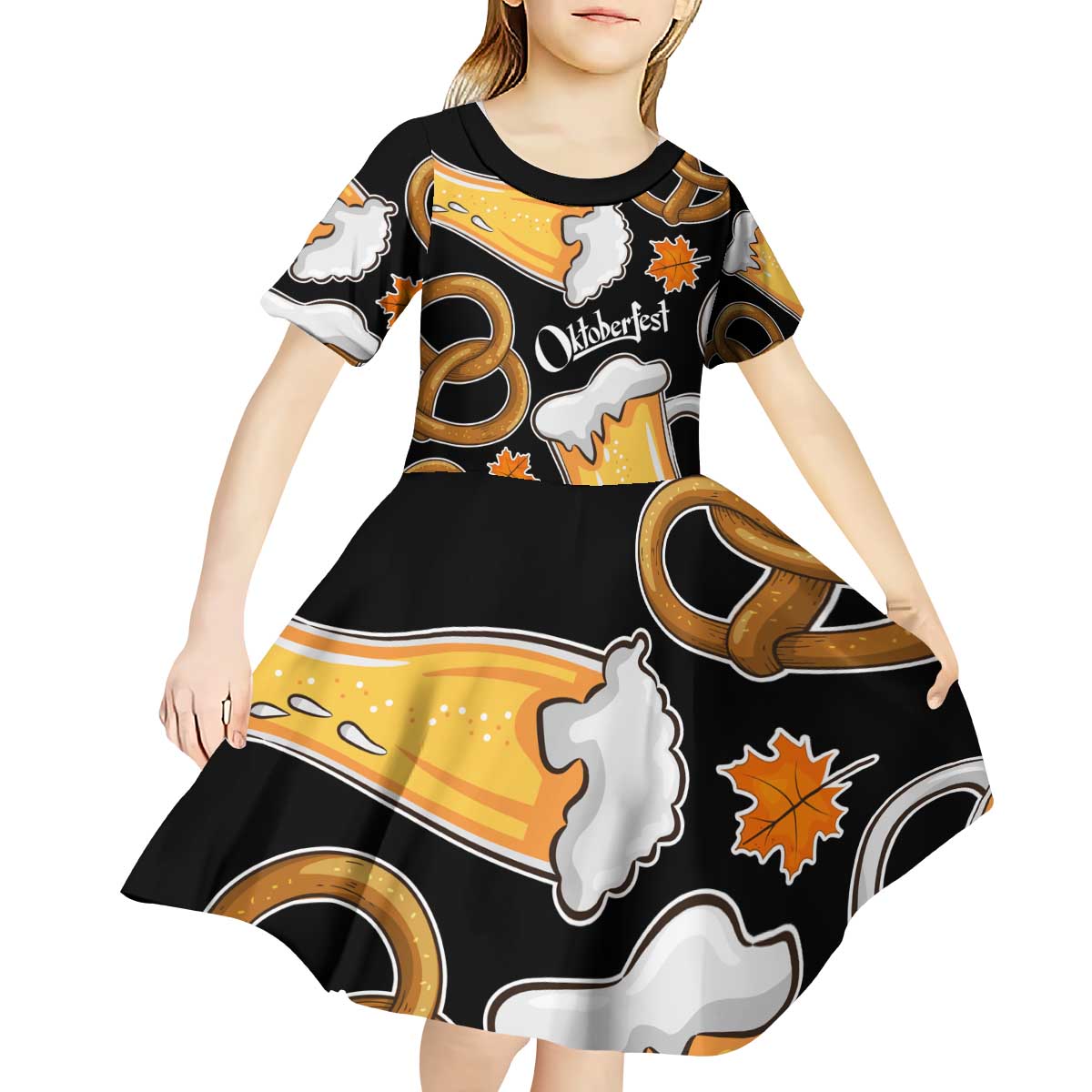 Oktoberfest Kid Short Sleeve Dress with Beer Mug and Pretzel Illustration Black Festive - Wonder Print Shop