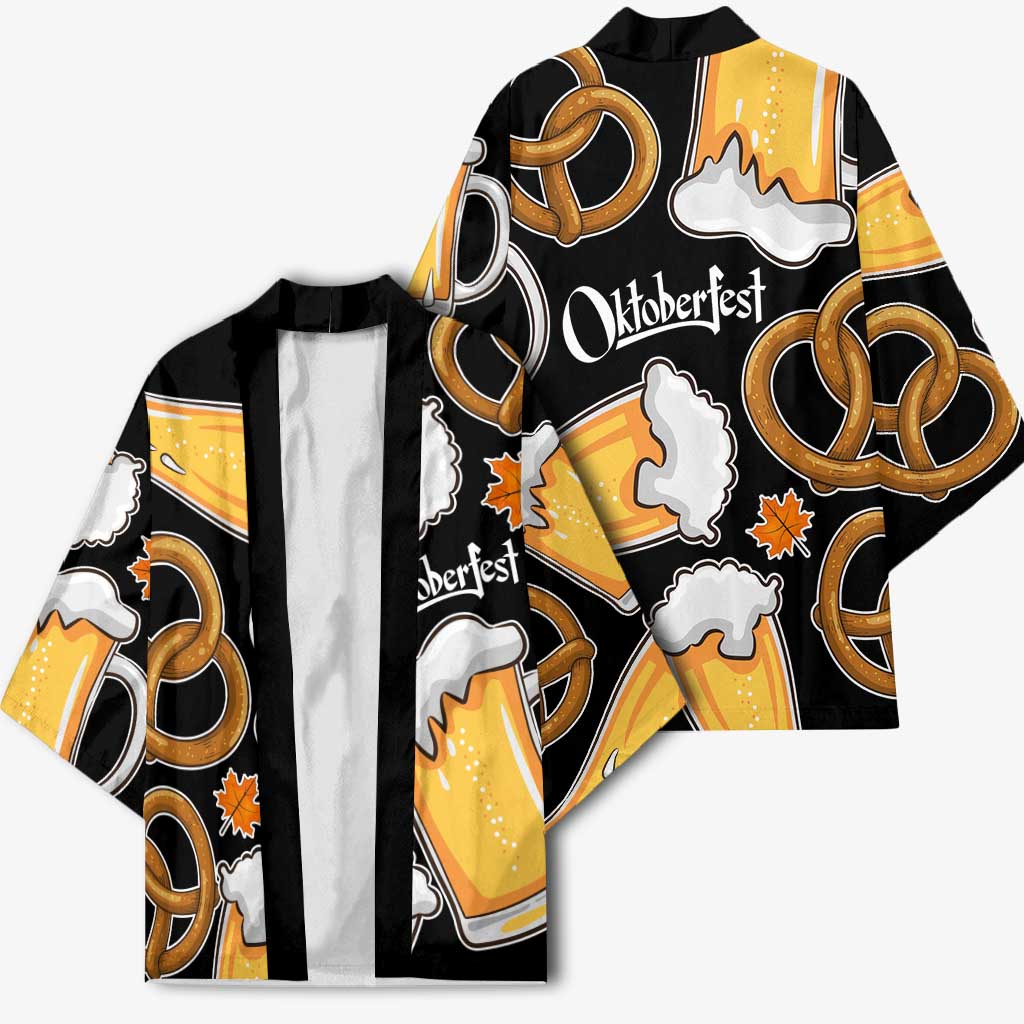 Oktoberfest Kimono with Beer Mug and Pretzel Illustration Black Festive - Wonder Print Shop