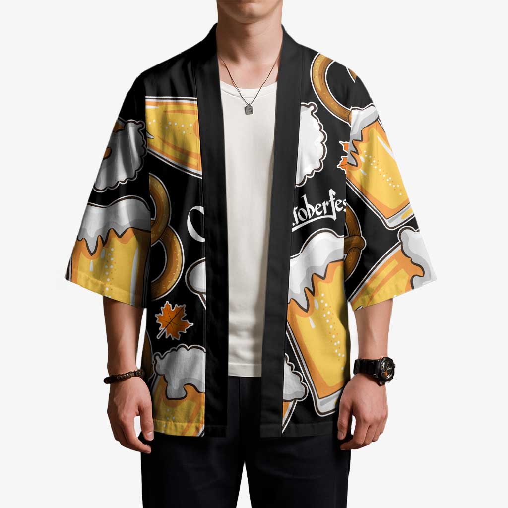 Oktoberfest Kimono with Beer Mug and Pretzel Illustration Black Festive - Wonder Print Shop