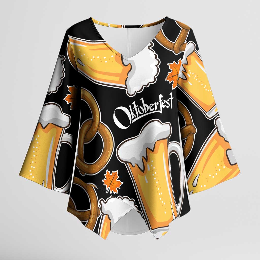Oktoberfest Kimono Sleeve Blouse with Beer Mug and Pretzel Illustration Black Festive - Wonder Print Shop