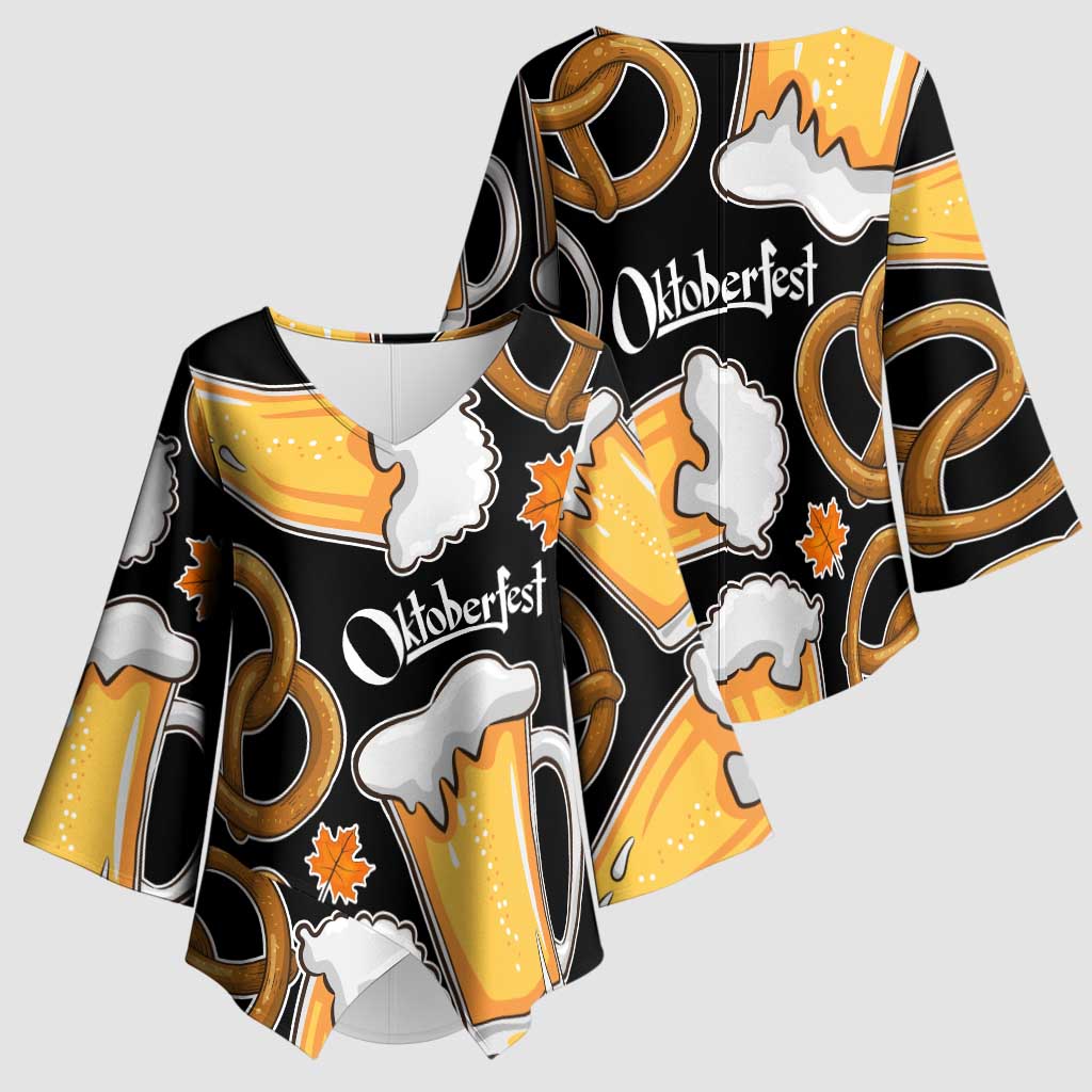 Oktoberfest Kimono Sleeve Blouse with Beer Mug and Pretzel Illustration Black Festive - Wonder Print Shop