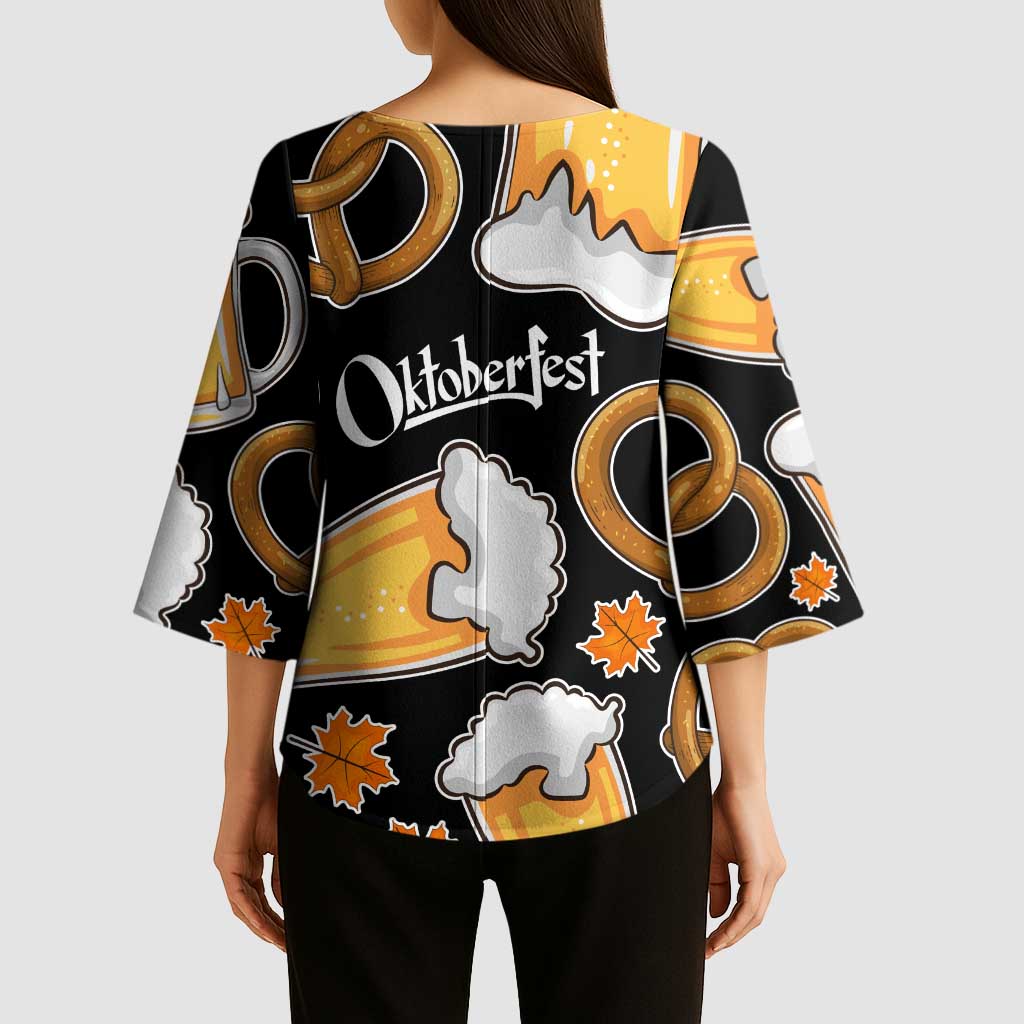 Oktoberfest Kimono Sleeve Blouse with Beer Mug and Pretzel Illustration Black Festive - Wonder Print Shop