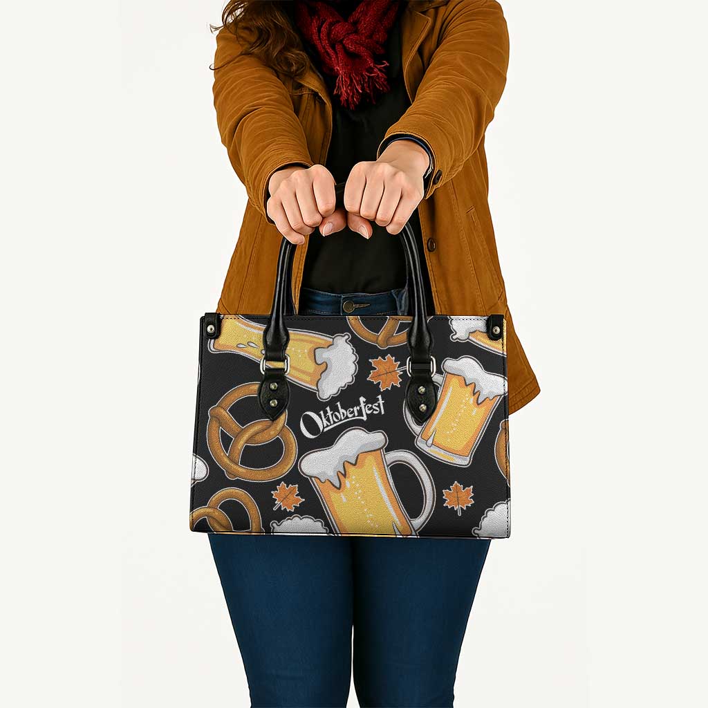 Oktoberfest Leather Bag with Beer Mug and Pretzel Illustration Black Festive - Wonder Print Shop