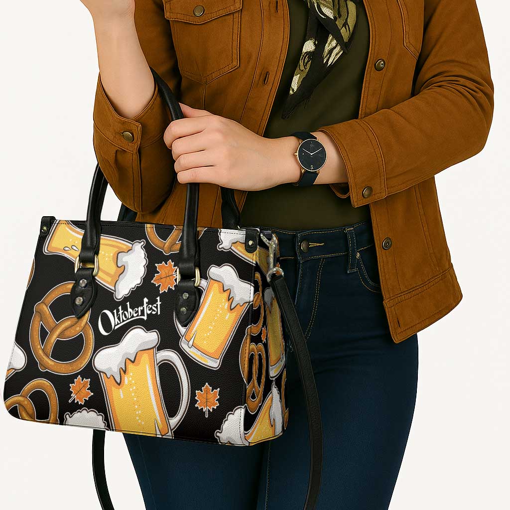 Oktoberfest Leather Bag with Beer Mug and Pretzel Illustration Black Festive - Wonder Print Shop