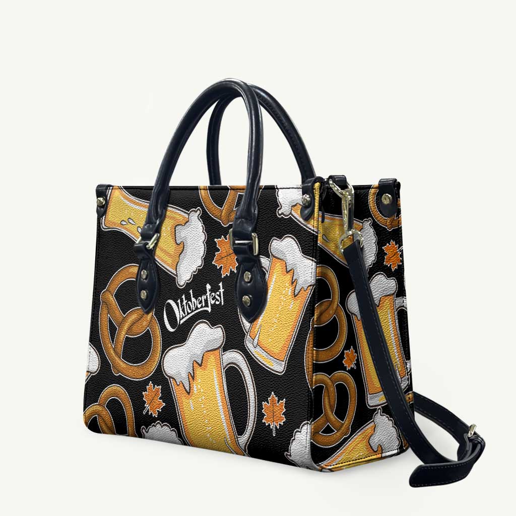 Oktoberfest Leather Bag with Beer Mug and Pretzel Illustration Black Festive - Wonder Print Shop