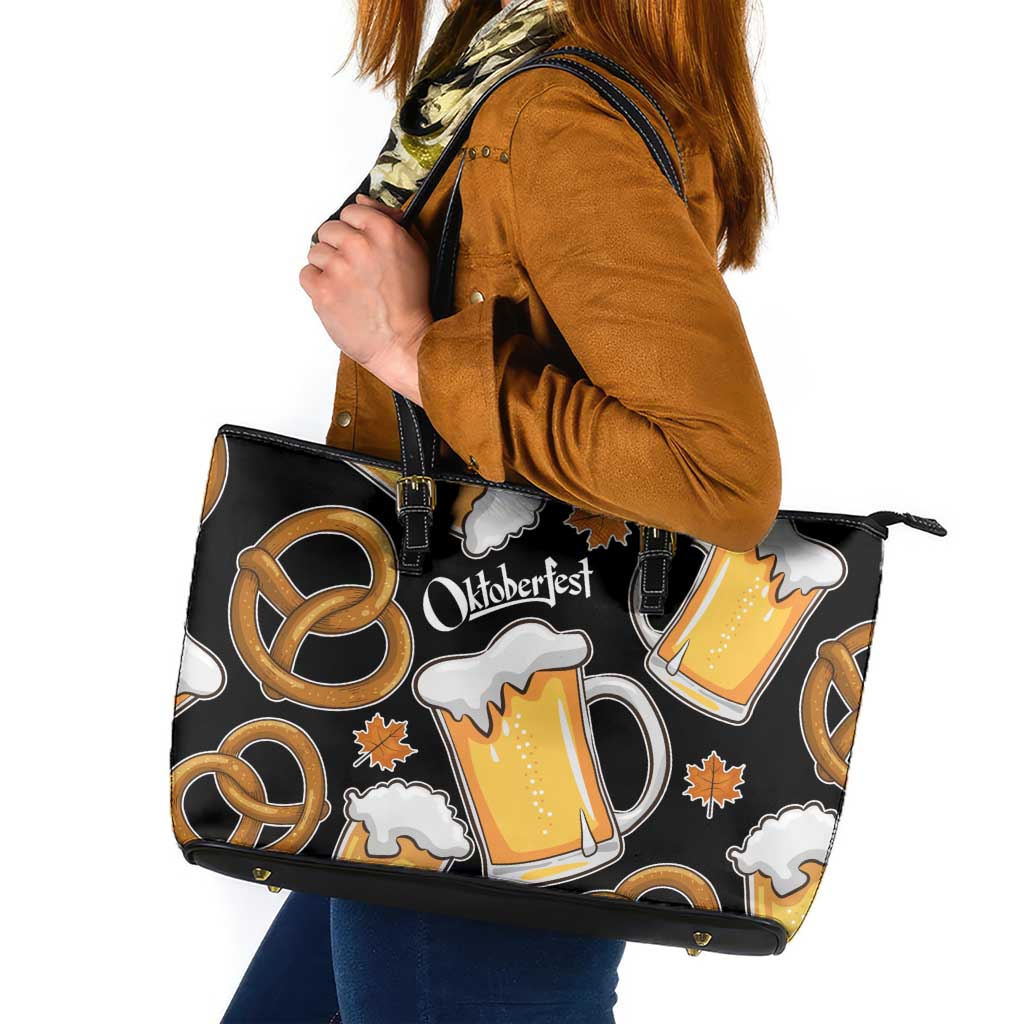 Oktoberfest Leather Tote Bag with Beer Mug and Pretzel Illustration Black Festive - Wonder Print Shop