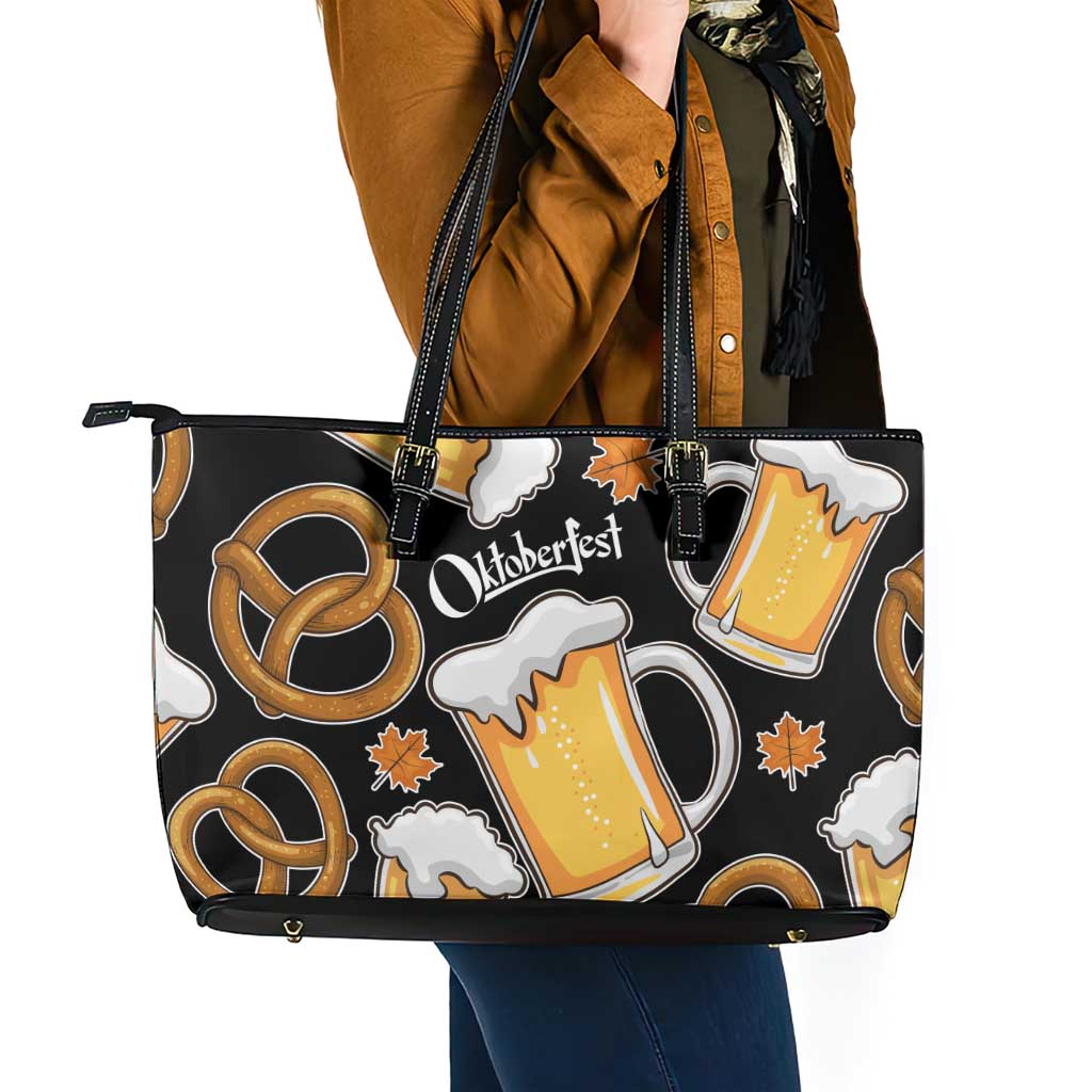 Oktoberfest Leather Tote Bag with Beer Mug and Pretzel Illustration Black Festive - Wonder Print Shop