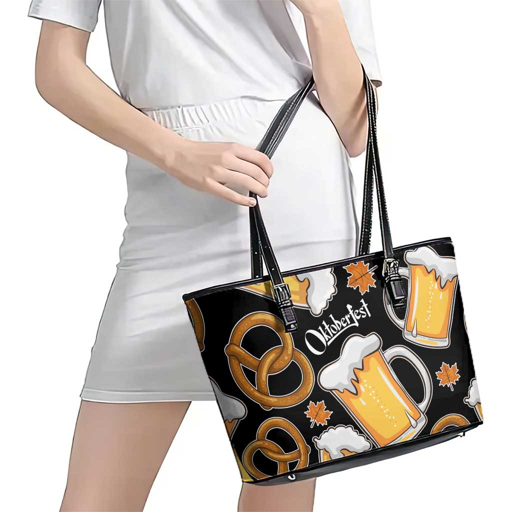 Oktoberfest Leather Tote Bag with Beer Mug and Pretzel Illustration Black Festive - Wonder Print Shop