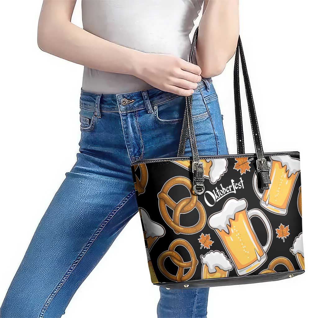 Oktoberfest Leather Tote Bag with Beer Mug and Pretzel Illustration Black Festive - Wonder Print Shop