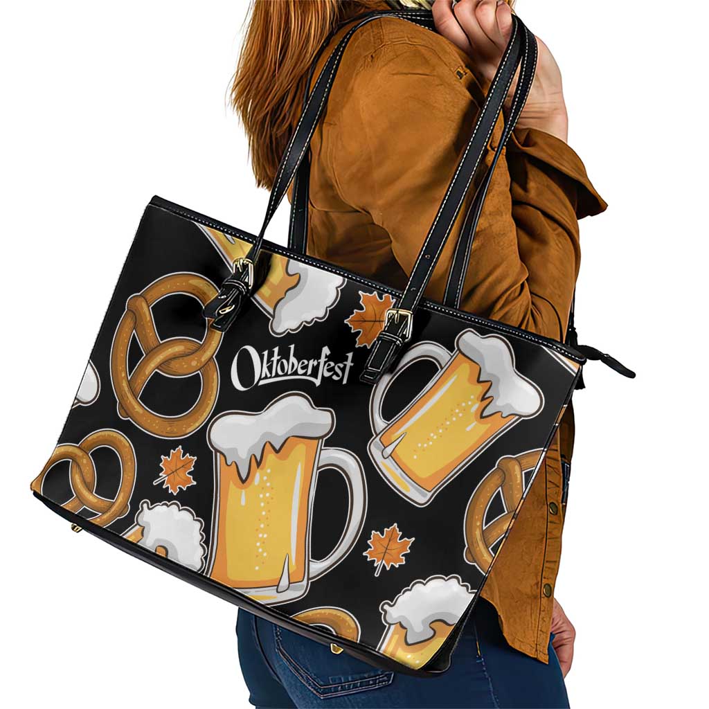 Oktoberfest Leather Tote Bag with Beer Mug and Pretzel Illustration Black Festive - Wonder Print Shop