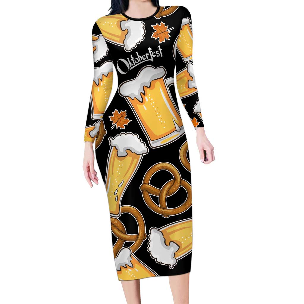 Oktoberfest Long Sleeve Bodycon Dress with Beer Mug and Pretzel Illustration Black Festive - Wonder Print Shop