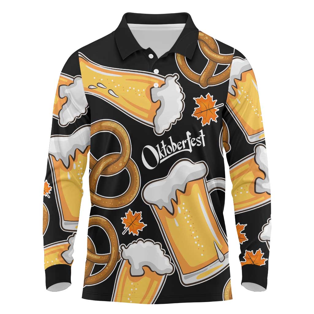 Oktoberfest Long Sleeve Polo Shirt with Beer Mug and Pretzel Illustration Black Festive - Wonder Print Shop