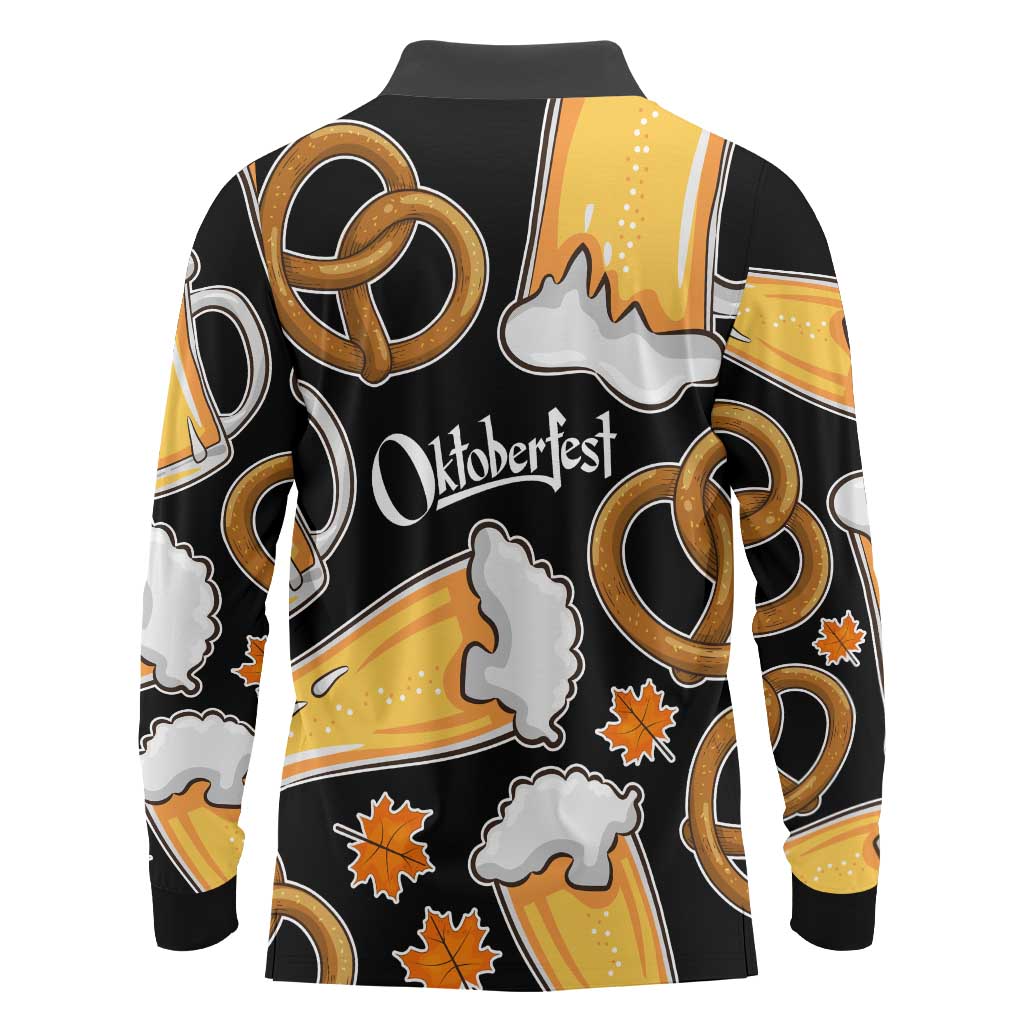 Oktoberfest Long Sleeve Polo Shirt with Beer Mug and Pretzel Illustration Black Festive - Wonder Print Shop