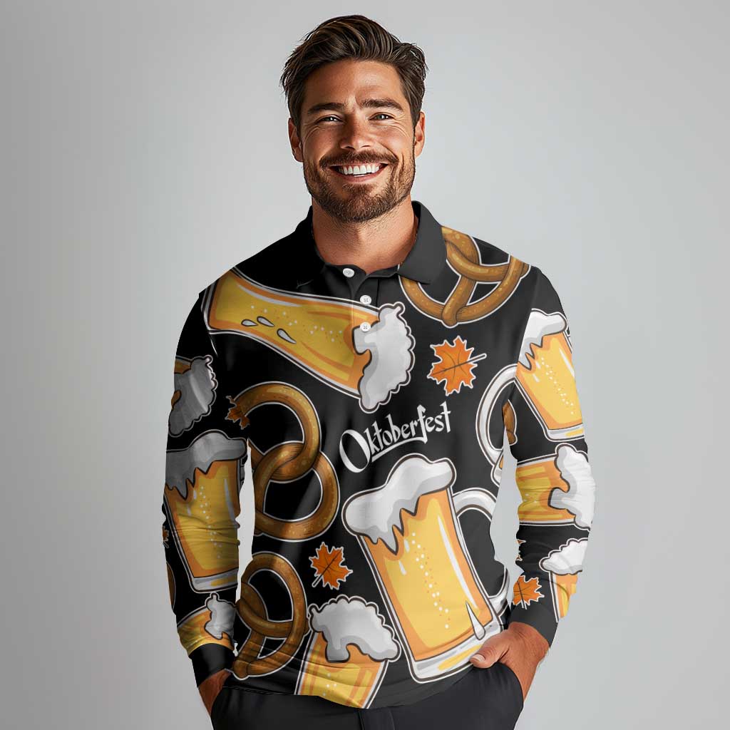 Oktoberfest Long Sleeve Polo Shirt with Beer Mug and Pretzel Illustration Black Festive - Wonder Print Shop