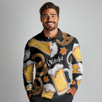 Oktoberfest Long Sleeve Polo Shirt with Beer Mug and Pretzel Illustration Black Festive - Wonder Print Shop