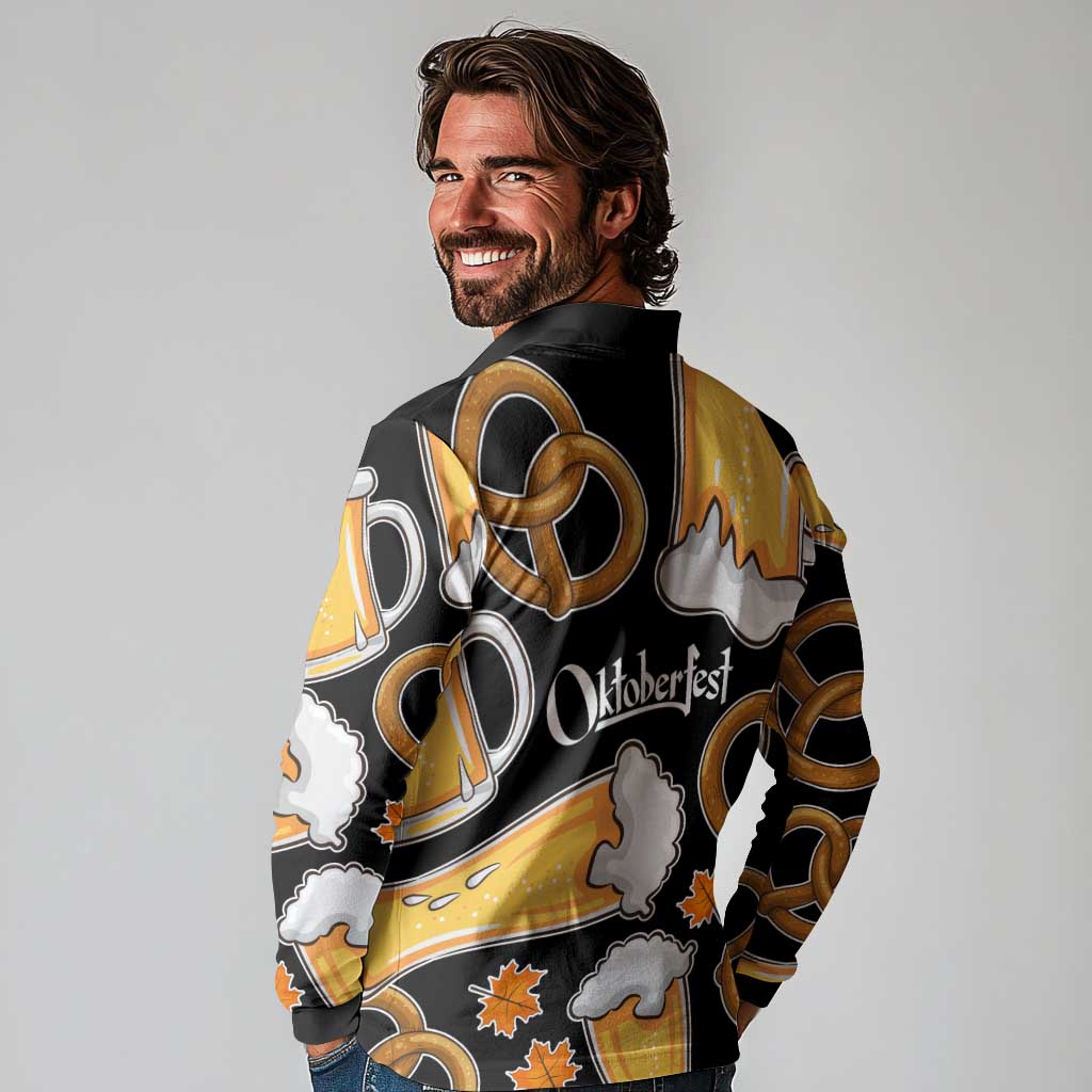 Oktoberfest Long Sleeve Polo Shirt with Beer Mug and Pretzel Illustration Black Festive - Wonder Print Shop