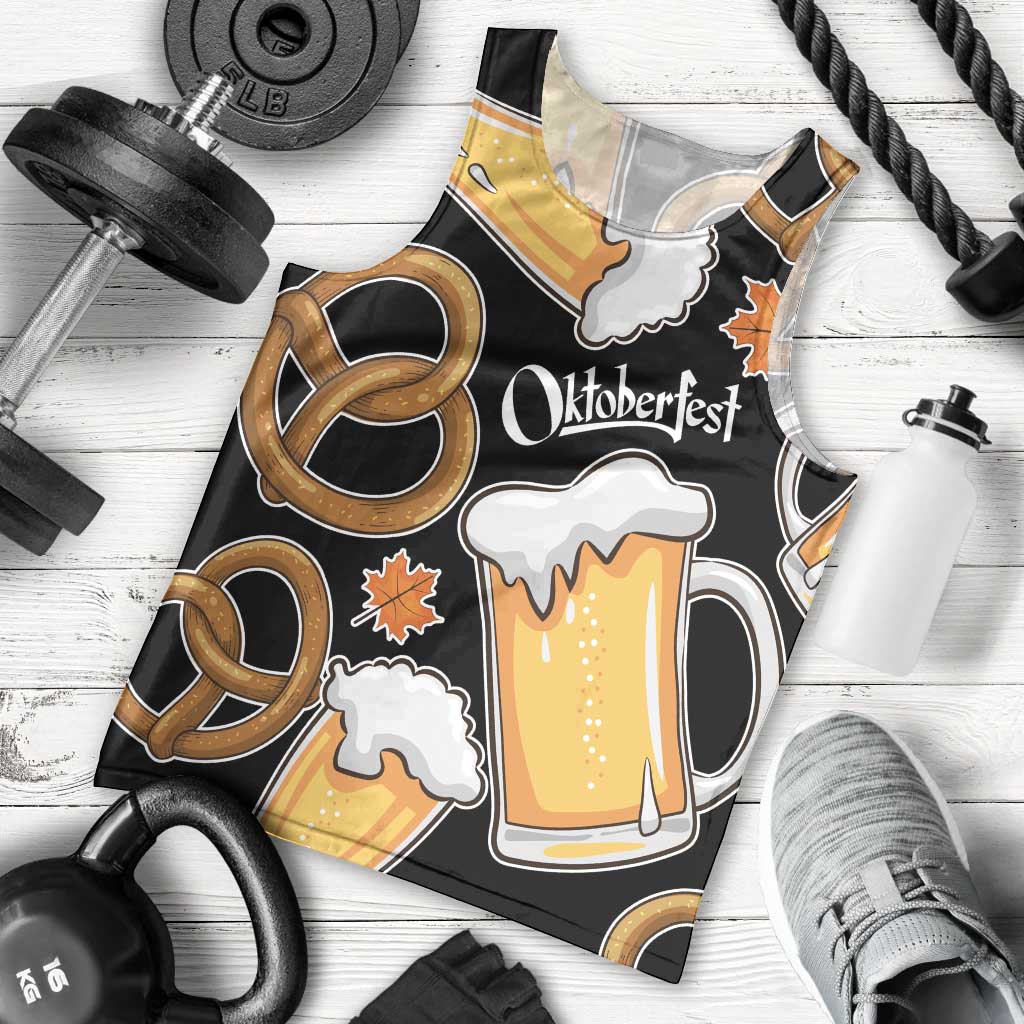 Oktoberfest Men Tank Top with Beer Mug and Pretzel Illustration Black Festive - Wonder Print Shop