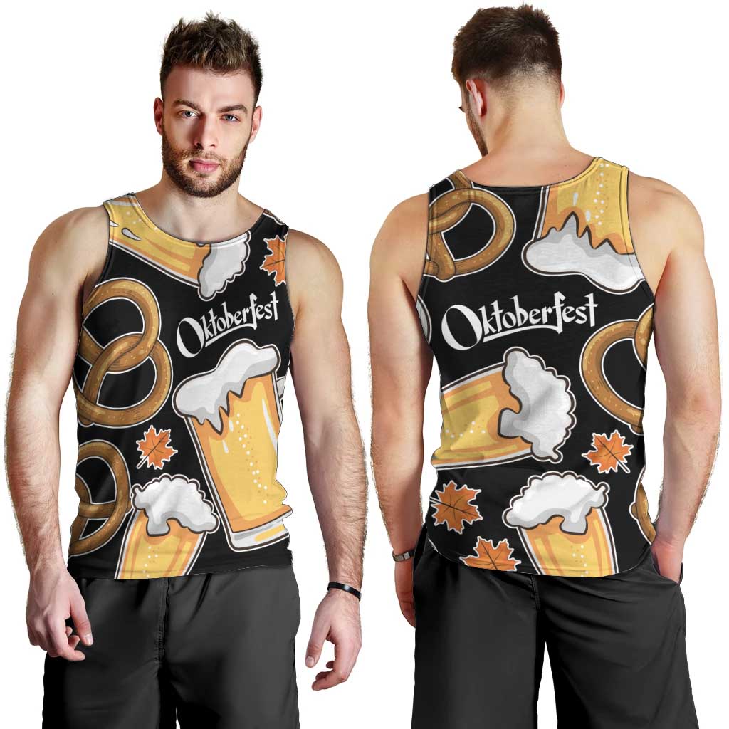 Oktoberfest Men Tank Top with Beer Mug and Pretzel Illustration Black Festive - Wonder Print Shop