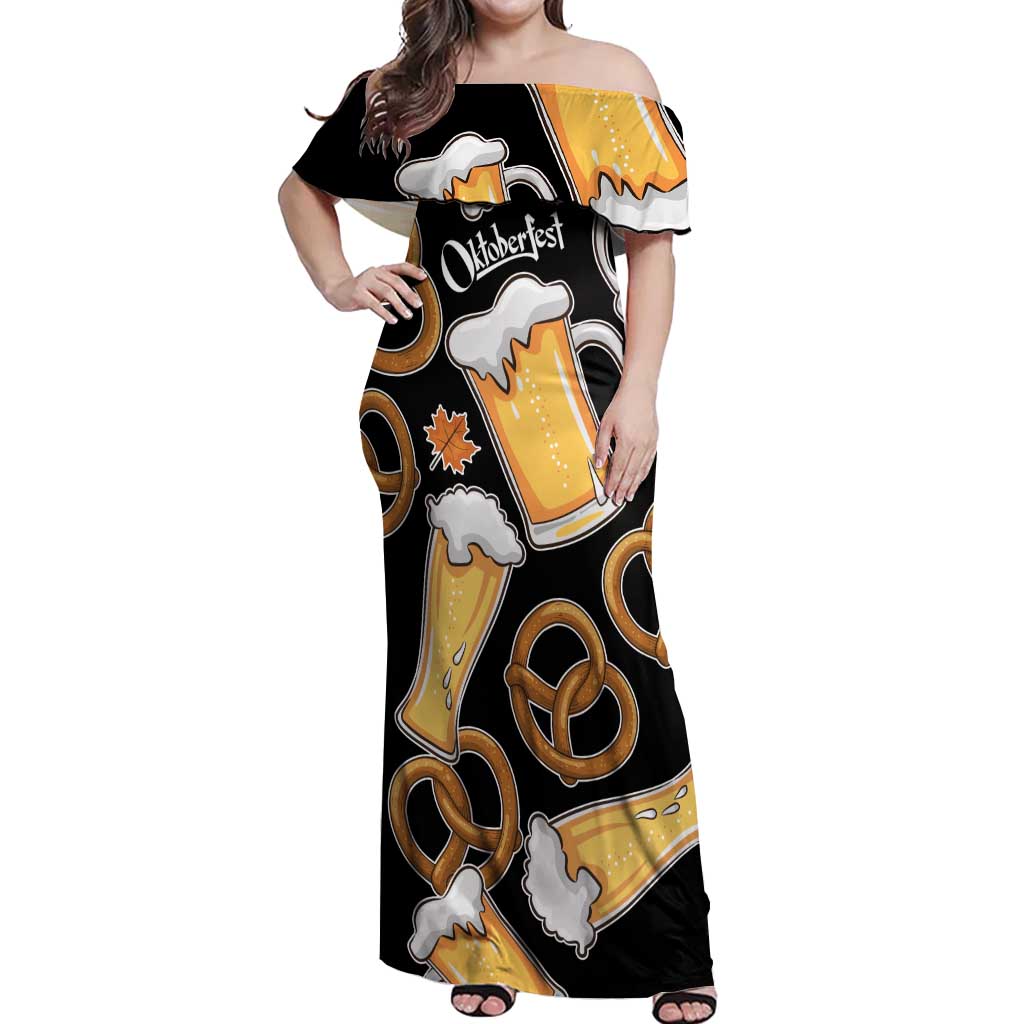 Oktoberfest Off Shoulder Maxi Dress with Beer Mug and Pretzel Illustration Black Festive - Wonder Print Shop