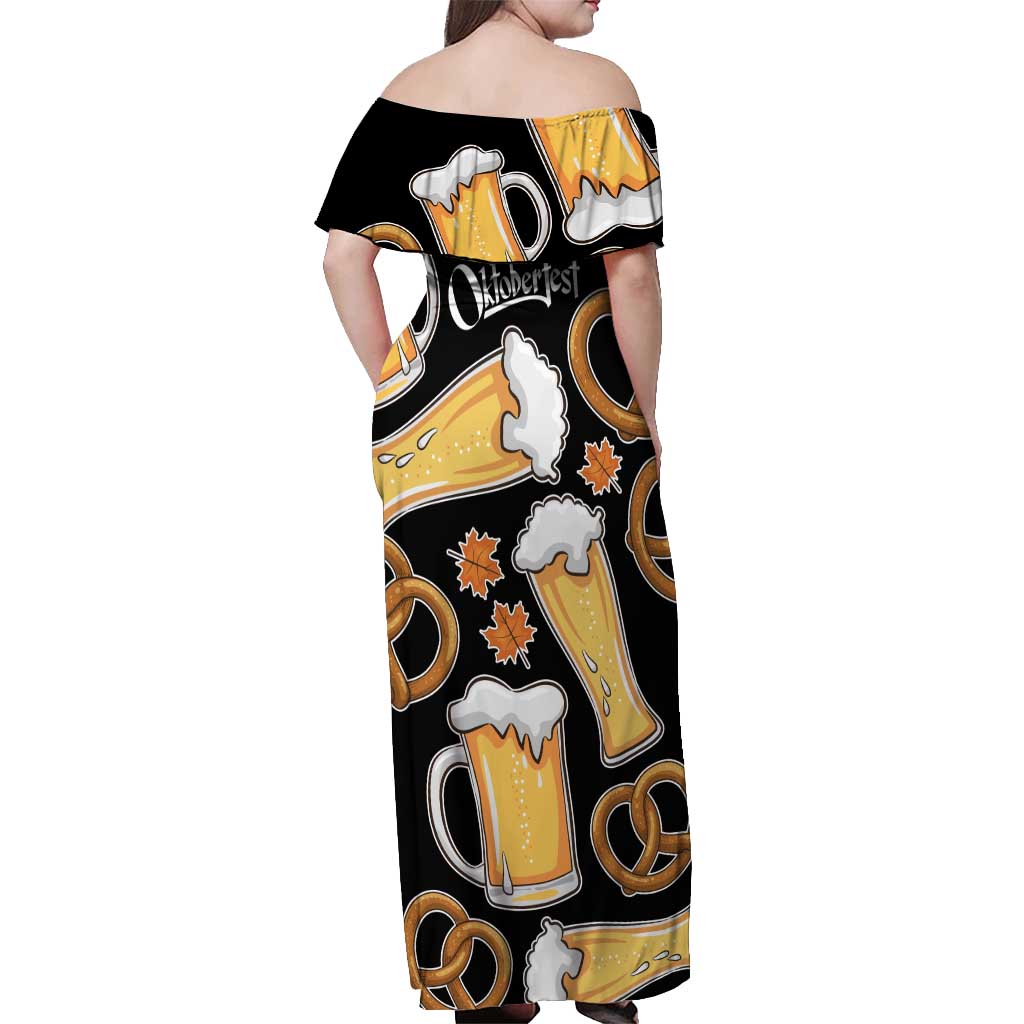 Oktoberfest Off Shoulder Maxi Dress with Beer Mug and Pretzel Illustration Black Festive - Wonder Print Shop