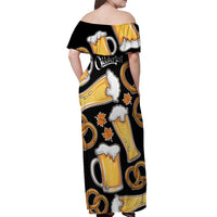 Oktoberfest Off Shoulder Maxi Dress with Beer Mug and Pretzel Illustration Black Festive - Wonder Print Shop