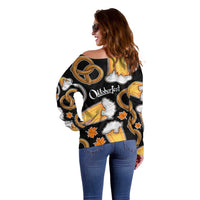 Oktoberfest Off Shoulder Sweater with Beer Mug and Pretzel Illustration Black Festive - Wonder Print Shop