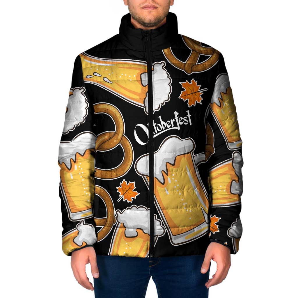 Oktoberfest Padded Jacket with Beer Mug and Pretzel Illustration Black Festive - Wonder Print Shop