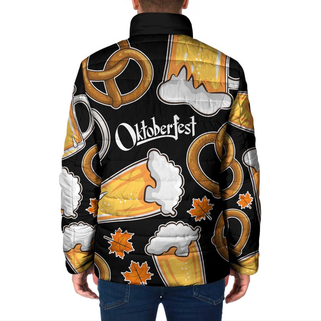 Oktoberfest Padded Jacket with Beer Mug and Pretzel Illustration Black Festive - Wonder Print Shop