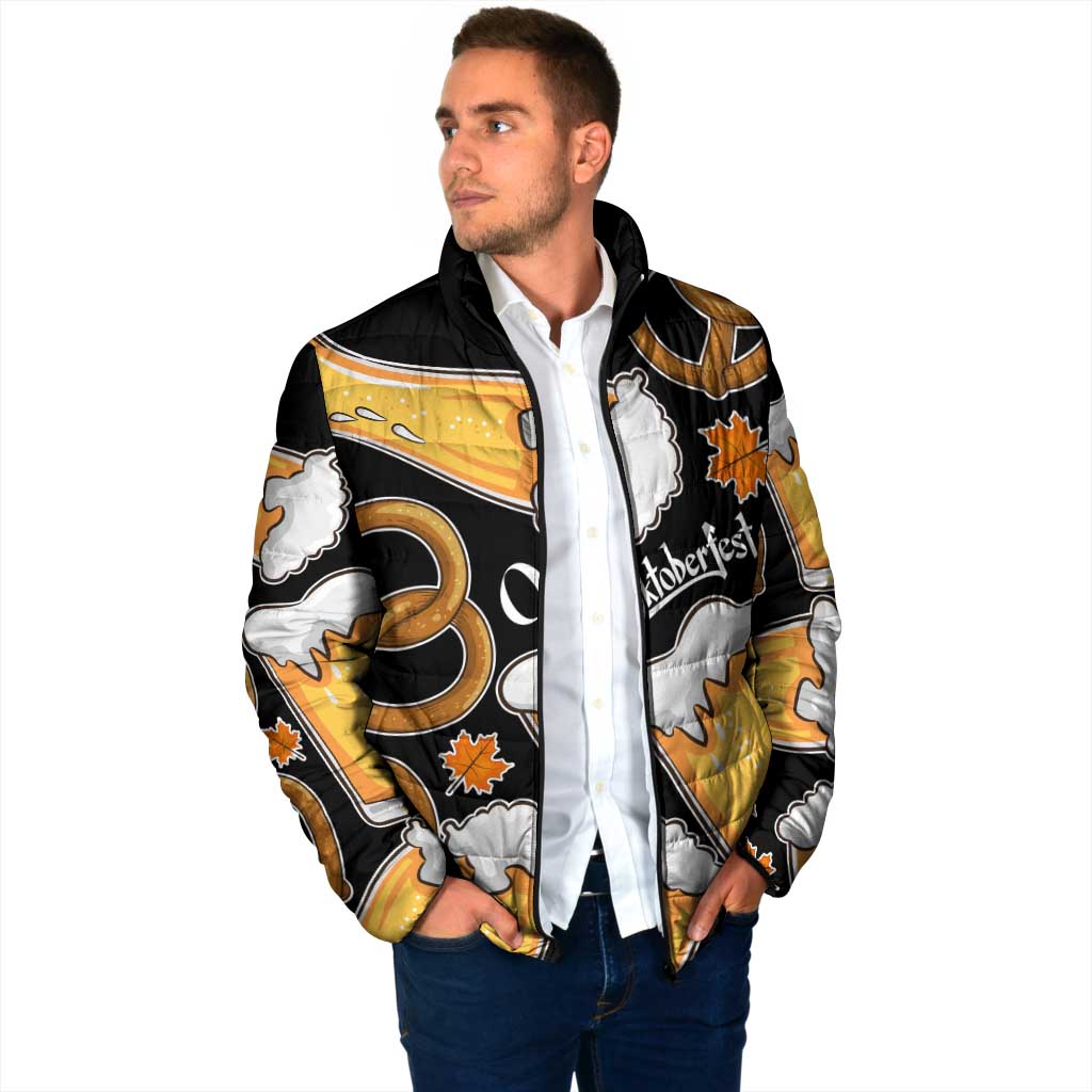 Oktoberfest Padded Jacket with Beer Mug and Pretzel Illustration Black Festive - Wonder Print Shop