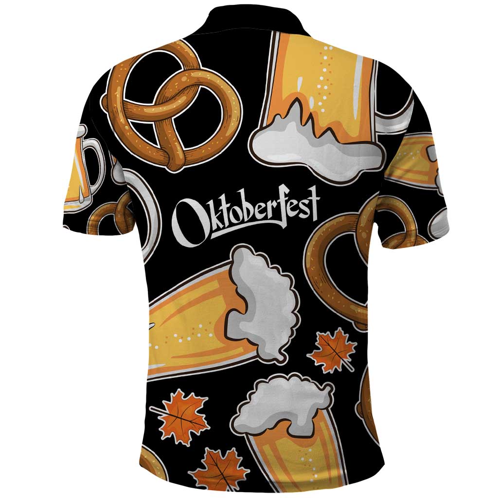 Oktoberfest Polo Shirt with Beer Mug and Pretzel Illustration Black Festive - Wonder Print Shop