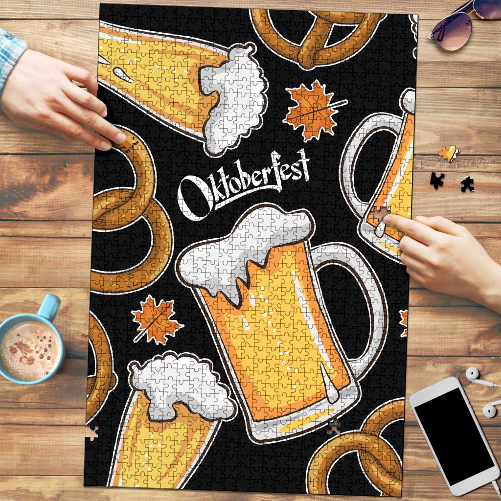 Oktoberfest Puzzle with Beer Mug and Pretzel Illustration Black Festive - Wonder Print Shop