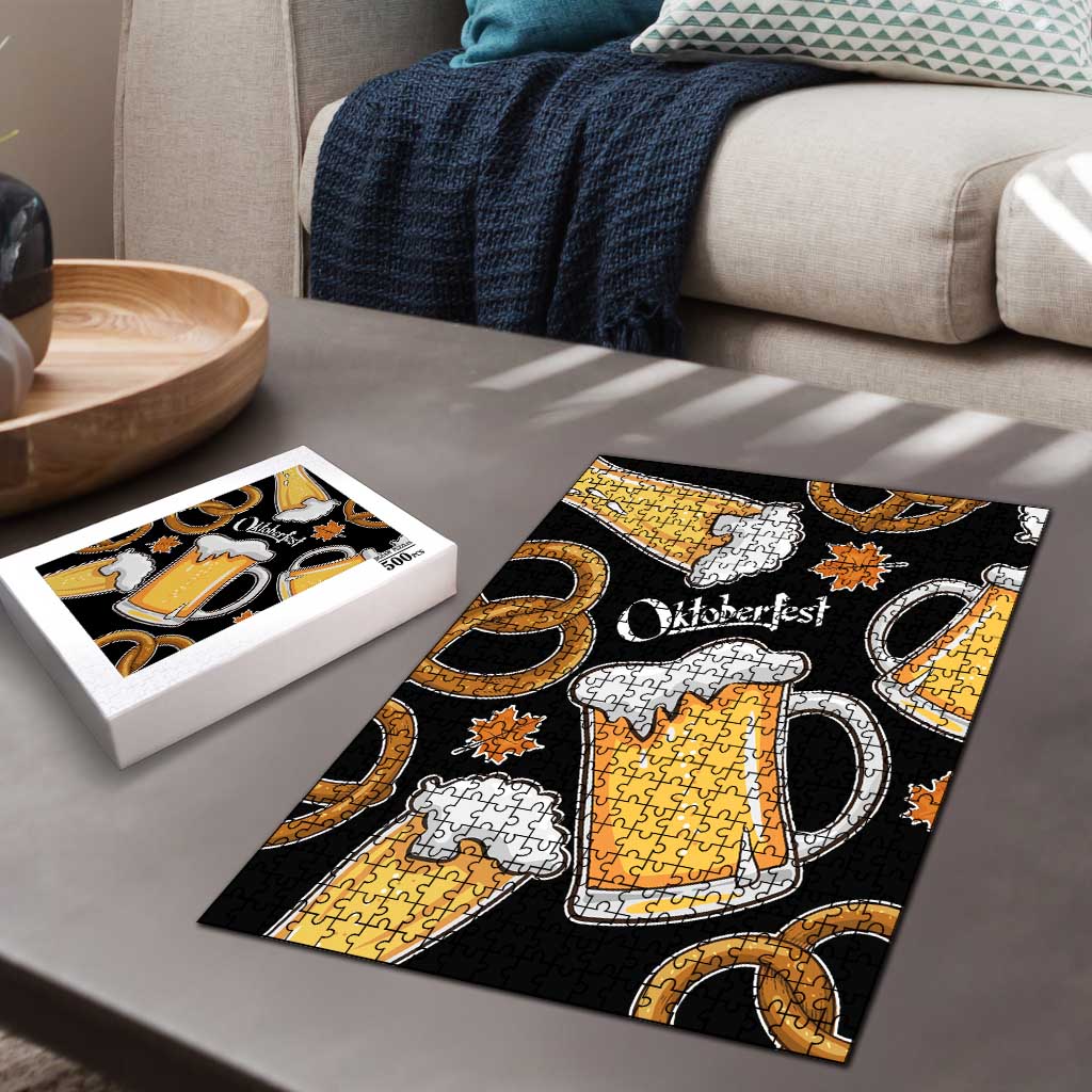 Oktoberfest Puzzle with Beer Mug and Pretzel Illustration Black Festive - Wonder Print Shop