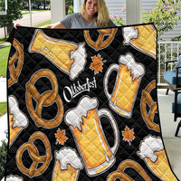 Oktoberfest Quilt with Beer Mug and Pretzel Illustration Black Festive - Wonder Print Shop