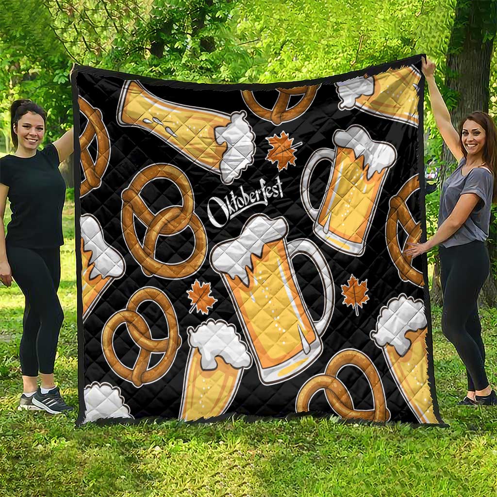 Oktoberfest Quilt with Beer Mug and Pretzel Illustration Black Festive - Wonder Print Shop