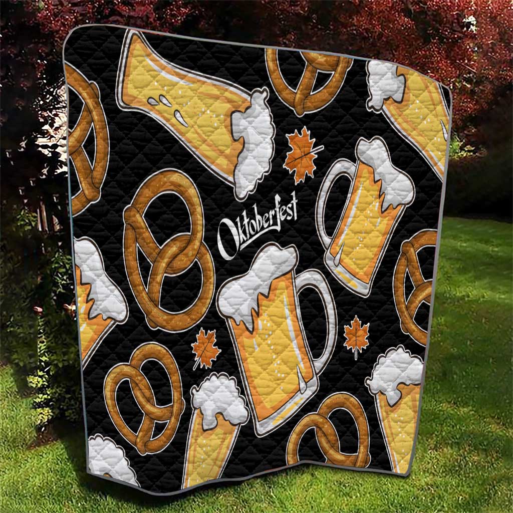 Oktoberfest Quilt with Beer Mug and Pretzel Illustration Black Festive - Wonder Print Shop
