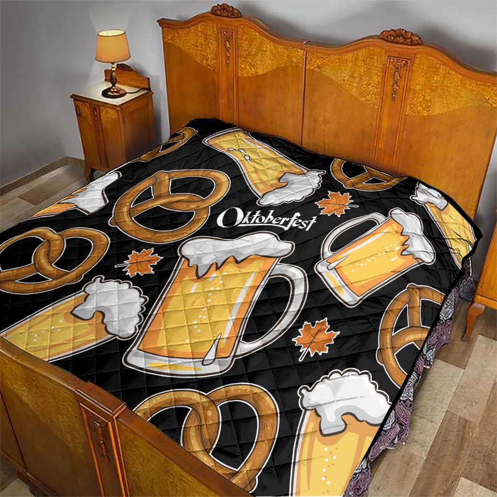 Oktoberfest Quilt with Beer Mug and Pretzel Illustration Black Festive - Wonder Print Shop