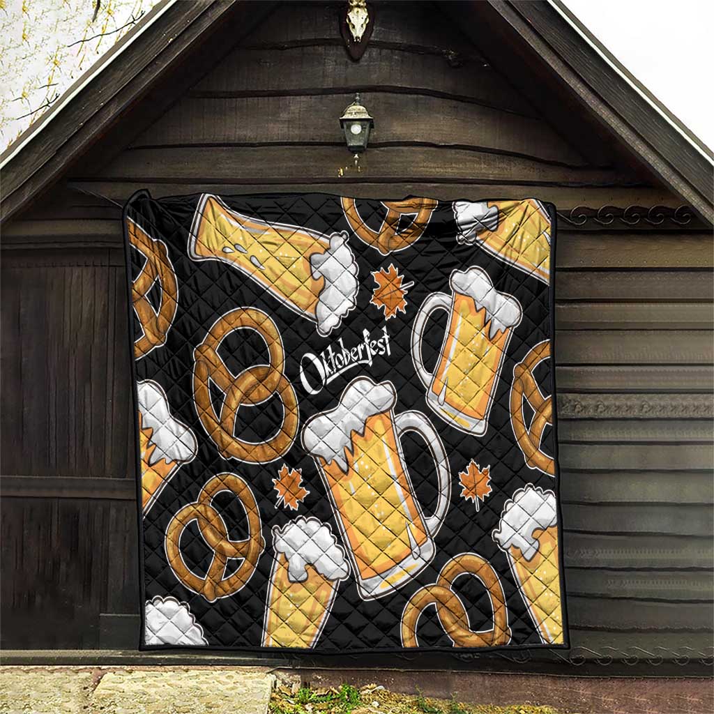 Oktoberfest Quilt with Beer Mug and Pretzel Illustration Black Festive - Wonder Print Shop