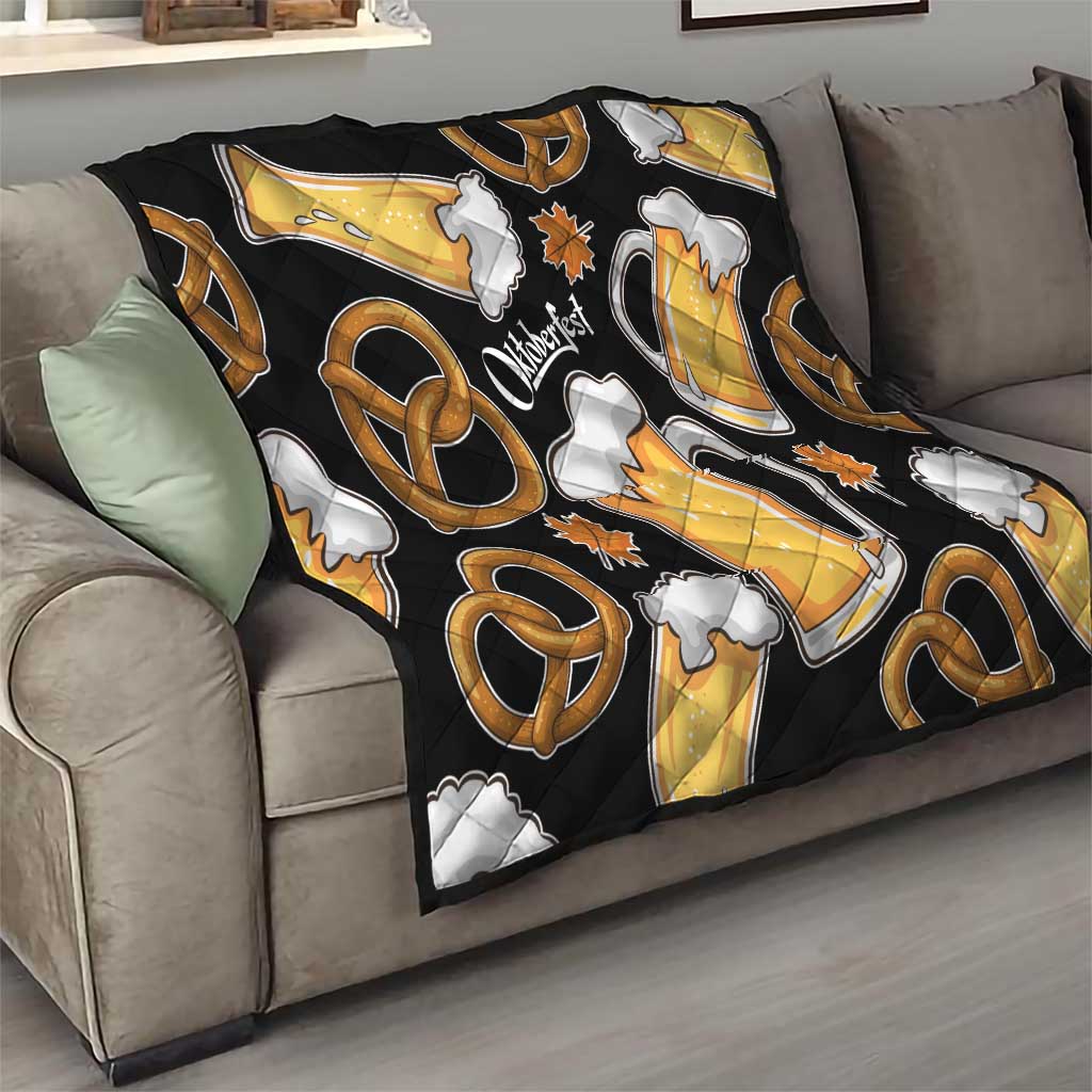 Oktoberfest Quilt with Beer Mug and Pretzel Illustration Black Festive - Wonder Print Shop