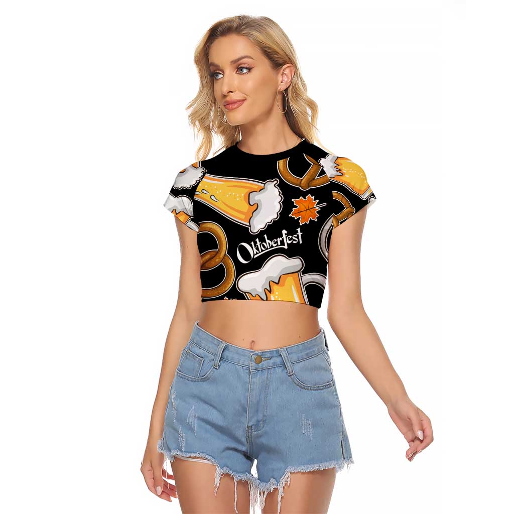 Oktoberfest Raglan Cropped T Shirt with Beer Mug and Pretzel Illustration Black Festive - Wonder Print Shop