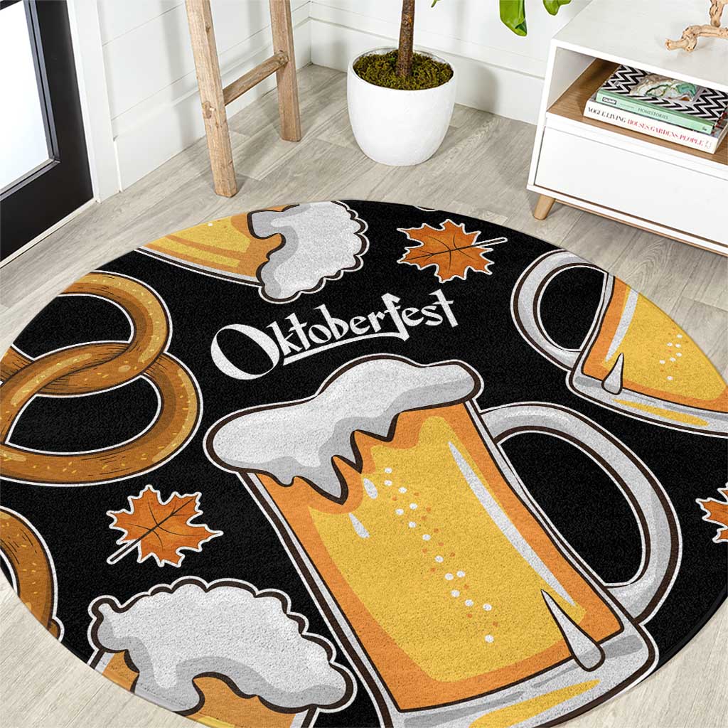 Oktoberfest Round Carpet with Beer Mug and Pretzel Illustration Black Festive - Wonder Print Shop