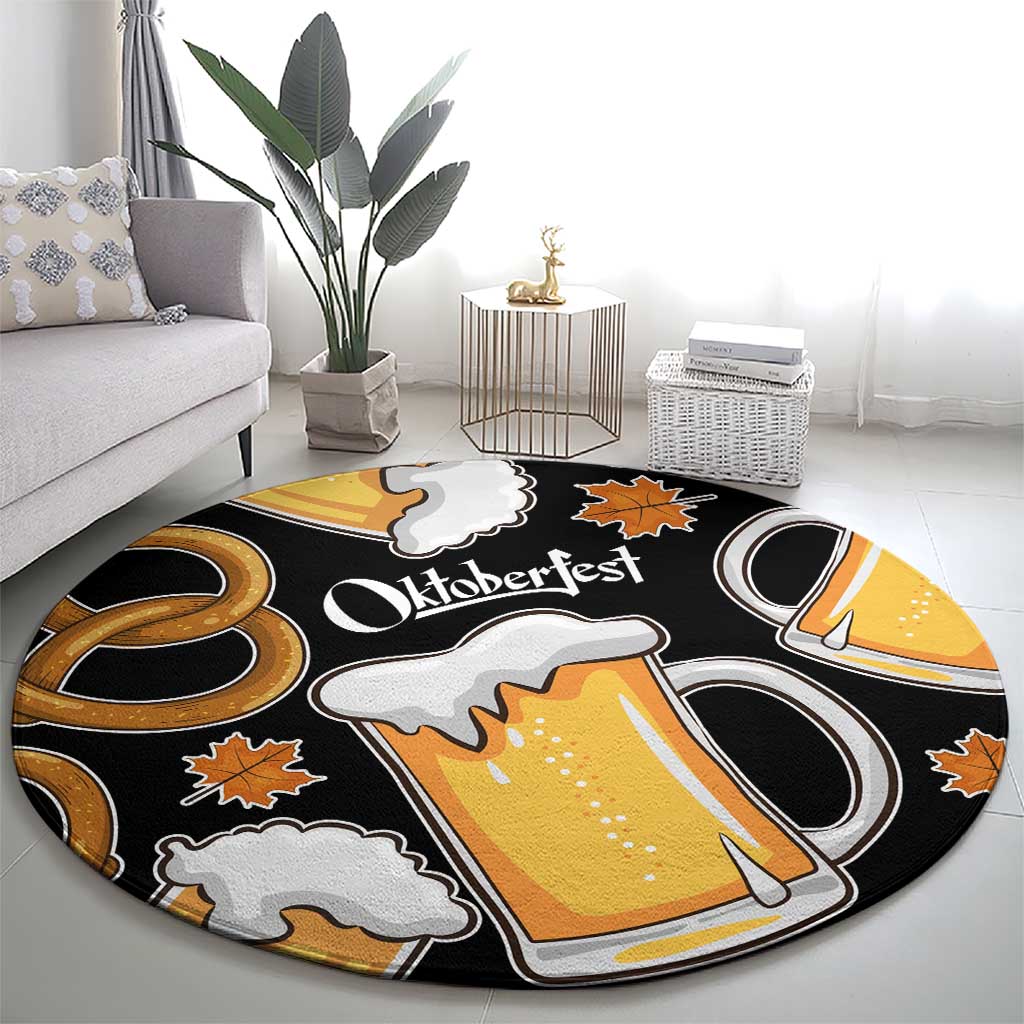 Oktoberfest Round Carpet with Beer Mug and Pretzel Illustration Black Festive - Wonder Print Shop