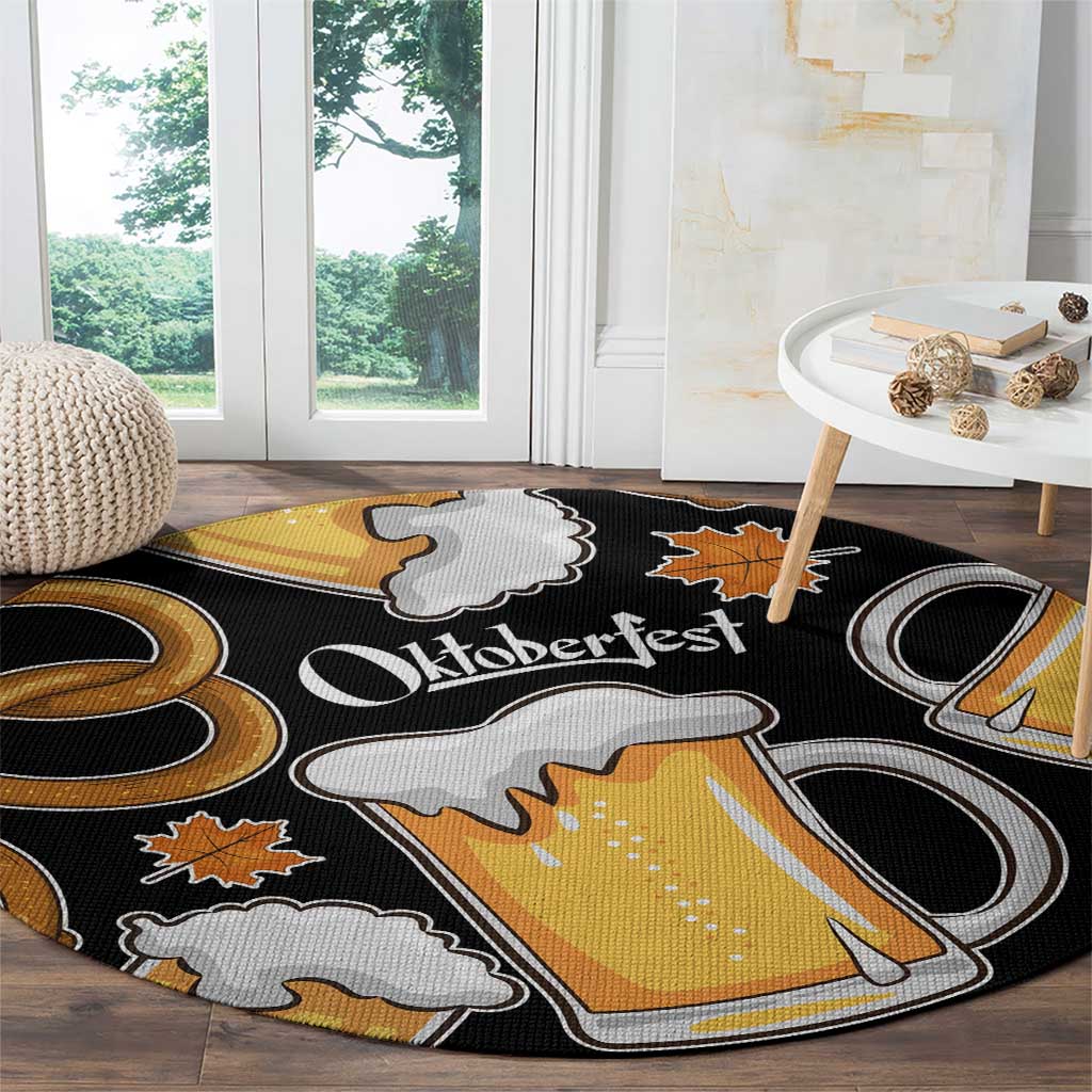 Oktoberfest Round Carpet with Beer Mug and Pretzel Illustration Black Festive - Wonder Print Shop