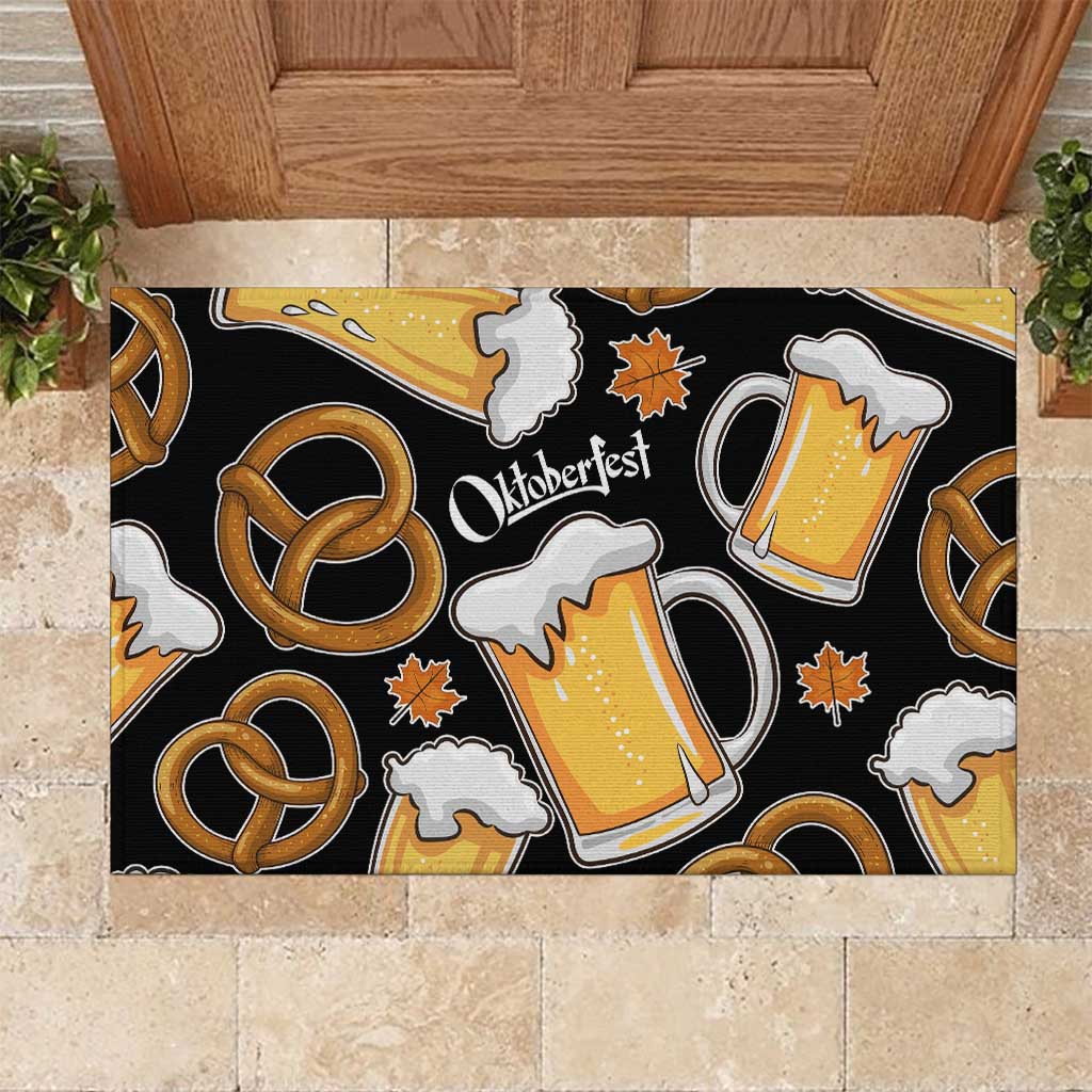Oktoberfest Rubber Doormat with Beer Mug and Pretzel Illustration Black Festive - Wonder Print Shop