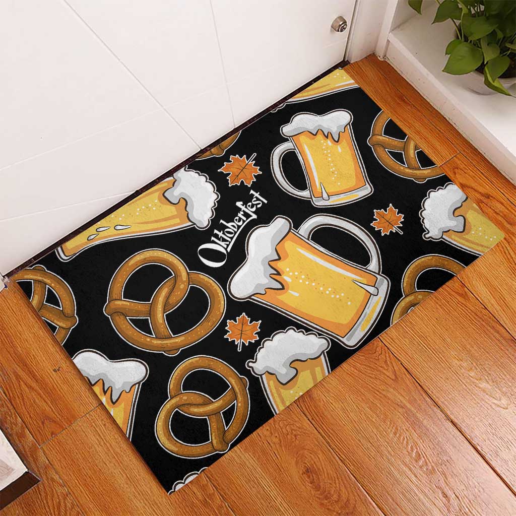 Oktoberfest Rubber Doormat with Beer Mug and Pretzel Illustration Black Festive - Wonder Print Shop