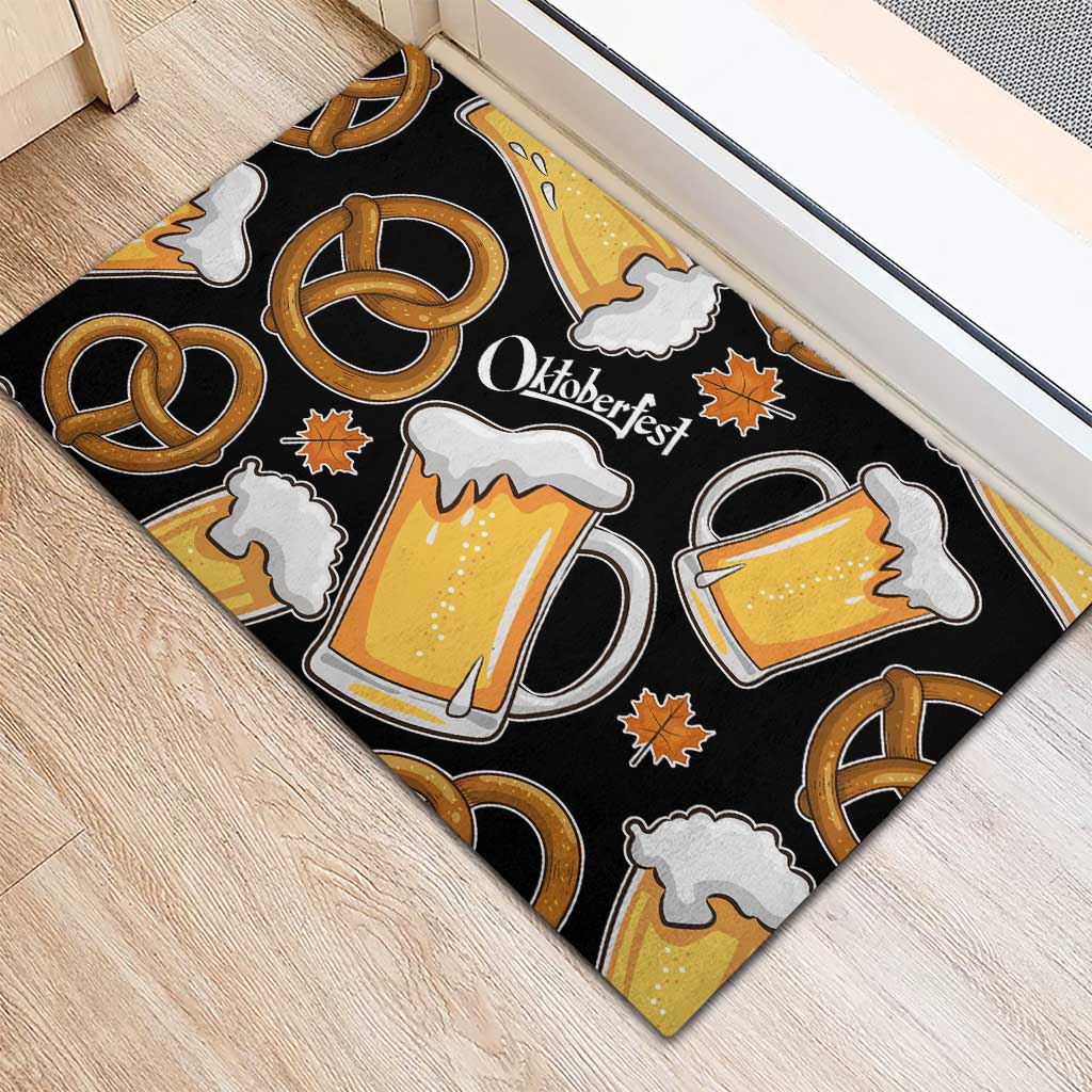 Oktoberfest Rubber Doormat with Beer Mug and Pretzel Illustration Black Festive - Wonder Print Shop